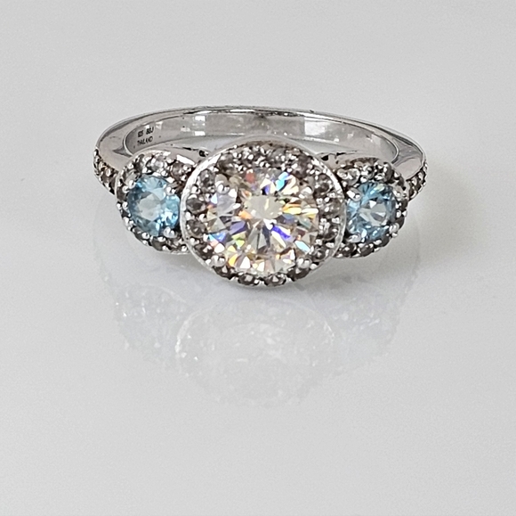 Estate Jewelry - Rare Strontium Titanate & Blue Topaz Ring Sterling Silver Size 7!